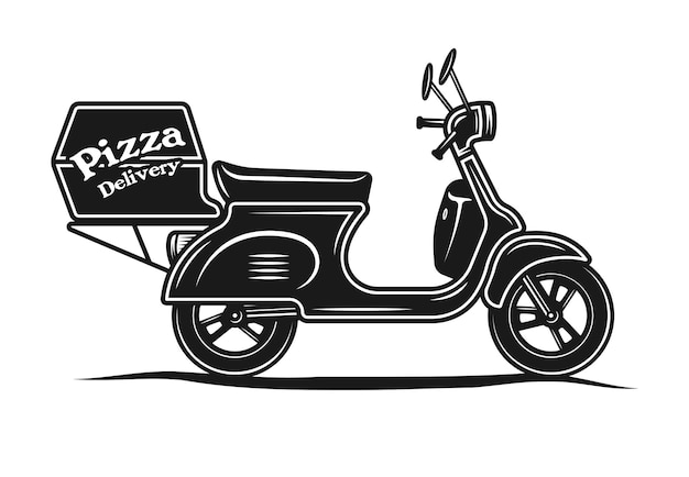 Entrega de pizza moto vector monocromo ilustración aislada sobre fondo blanco