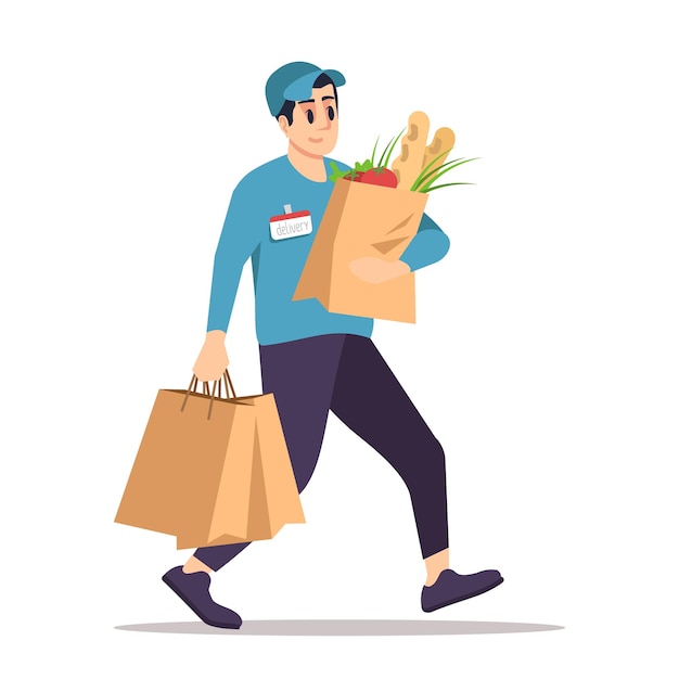 Entrega de productos de la ilustración vectorial de color RGB semiplana del supermercado. Mensajero personaje de dibujos animados aislado sobre fondo blanco.
