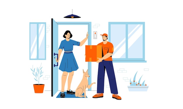 Entrega a puerta El repartidor de dibujos animados da el pedido del cliente al cartero de mensajería de dibujos animados del cliente con el paquete cerca del concepto de logística de alimentos de la puerta Ilustración vectorial