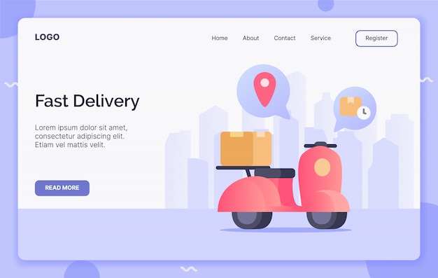 Entrega rápida con el concepto de campaña de scooter para el aterrizaje de la plantilla del sitio web o el sitio web de la página de inicio.Estilo moderno de dibujos animados plana.