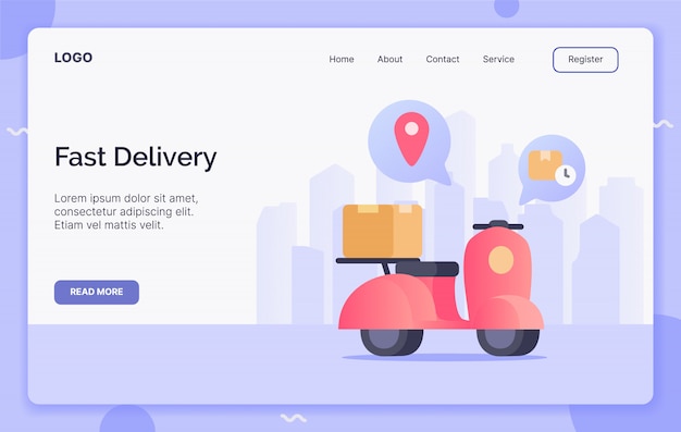 Entrega rápida con el concepto de campaña de scooter para el aterrizaje de la plantilla del sitio web o el sitio web de la página de inicio.estilo moderno de dibujos animados plana.