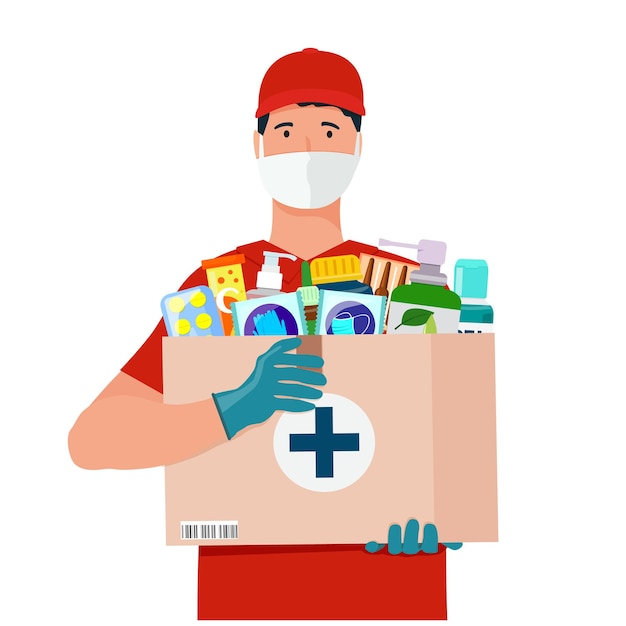 Entrega segura de medicamentos por mensajería con máscara y guantes. servicio de entrega de medicamentos.