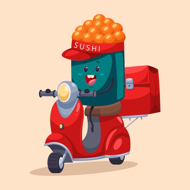 Entrega de sushi divertido personaje de mensajería de comida en el ciclomotor con una bolsa. ilustración de dibujos animados aislado en el fondo.