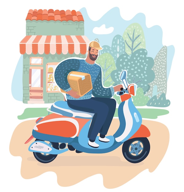 Vector entrega urgente, concepto de envío rápido. hombre de mensajería feliz sosteniendo la caja y montando scooter-moto o ciclomotor. conduce por la calle. ilustración de dibujos animados de vector en concepto moderno