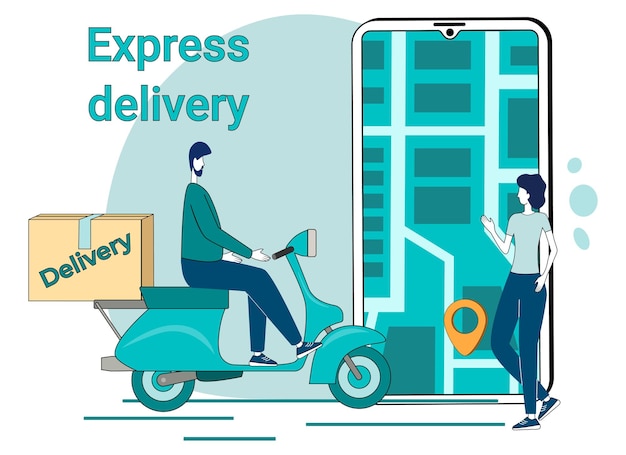 Entrega urgente Un mensajero en un scooter entrega pedidos El concepto de logística y en línea