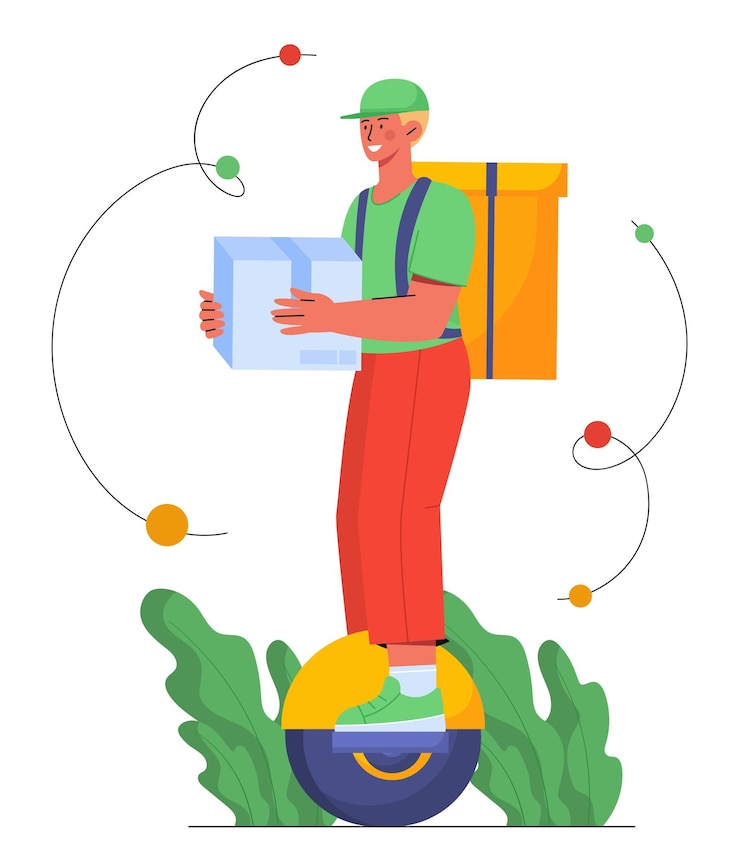 Vector entregador con concepto de caja joven con mochila en hoverboard compras en línea y entrega a domicilio elemento gráfico para el sitio web ilustración vectorial plana de dibujos animados aislada sobre fondo blanco