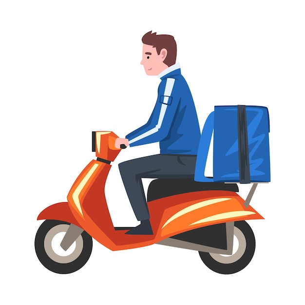 Entregador montando una motocicleta con una caja de paquetes azul en la parte trasera Servicio de entrega de alimentos Envío rápido Ilustración vectorial de dibujos animados