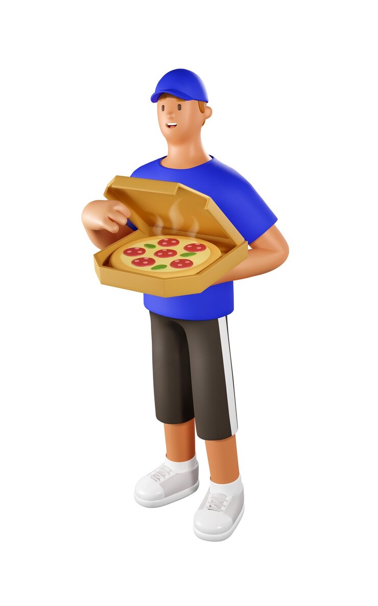 Vector entregador de pizza en 3d ilustración vectorial caricatura personaje masculino de sourier sosteniendo una caja de pizza
