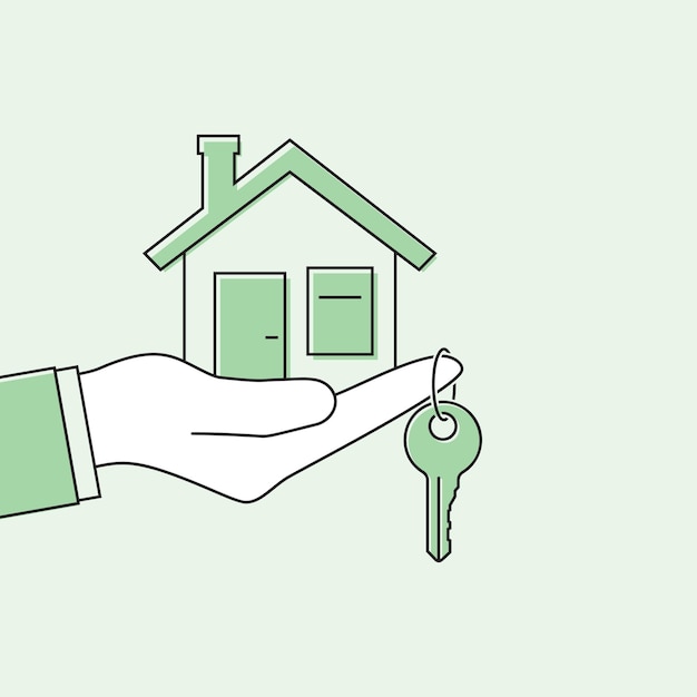 Entregando las llaves de la casa Vector de línea delgada Agente inmobiliario entregando las claves de la vivienda plantilla para la venta