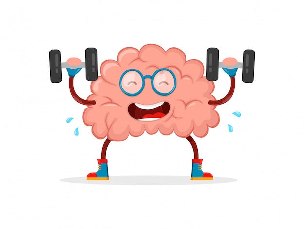 Entrena tu cerebro. Cerebro de dibujos animados ilustración plana divertido personaje