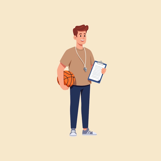 Entrenador de baloncesto con pelota y clipboard listo para el entrenamiento del equipo