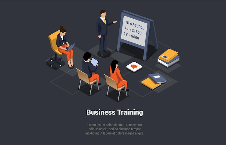 Vector entrenador de capacitación empresarial y lluvia de ideas que habla ante el mentor de la audiencia presenta informes de activos de precios los empleados se reúnen en el seminario o conferencia de capacitación empresarial ilustración vectorial 3d isométrica