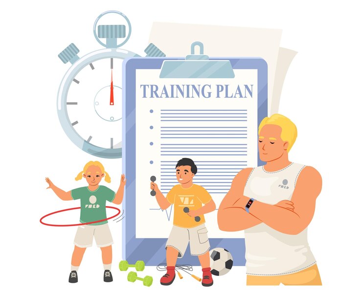 Vector un entrenador deportivo juvenil organiza un plan de entrenamiento mientras los niños participan en varias actividades como: