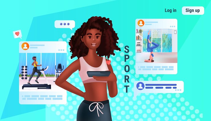 Vector entrenador de fitness afroamericano que usa la aplicación deportiva en línea en la red de medios sociales de entrenamiento virtual de gadget digital
