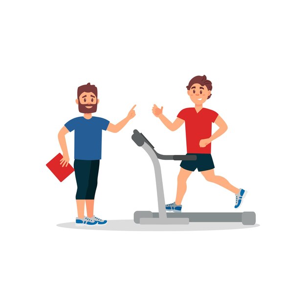 Entrenador de fitness y hombre joven en cinta de correr Entrenamiento activo Personas en ropa deportiva Diseño de vector plano