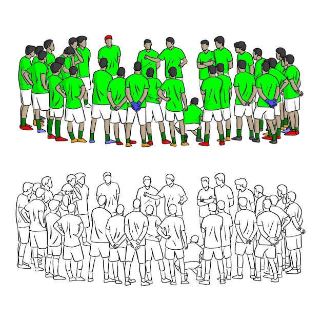Vector entrenador hablando con jugadores de fútbol para entrenar táctica vector ilustración boceto garabatos dibujado a mano