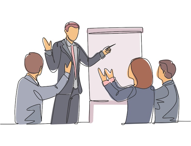 Entrenador de negocios de dibujo de una sola línea continua que presenta una gran lección y aplaude a la audiencia