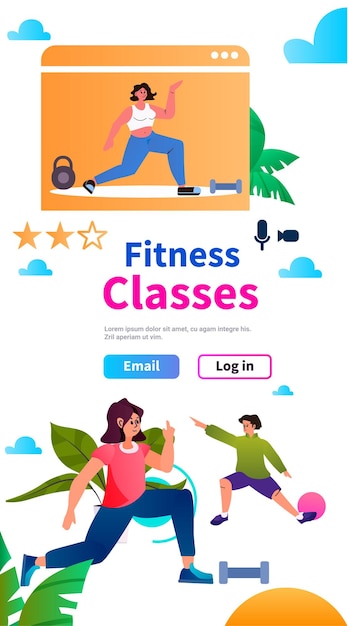 Vector entrenadora de mujer en la pantalla de la computadora haciendo deporte concepto de clases de fitness de video de entrenamiento en línea