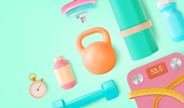 Entrenamiento 3D para el hogar Concepto de fondo Vector de estilo de dibujos animados