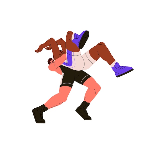 Entrenamiento en artes marciales competición deportiva lucha libre deportista levantando oponente competidor luchadores profesionales van lucha greco-romana ilustración de vector aislado plano sobre fondo blanco