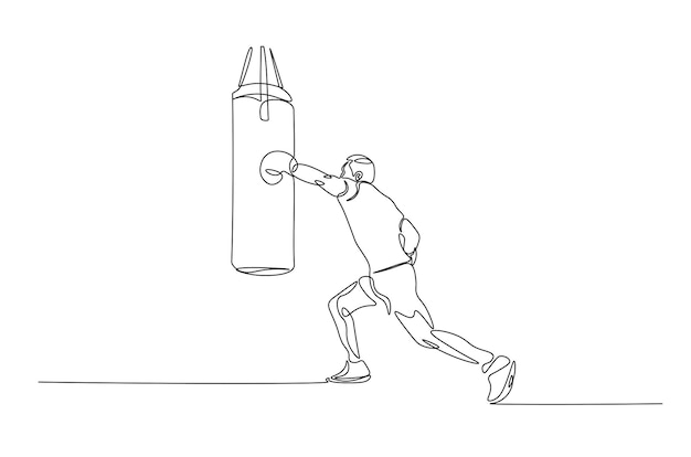 Entrenamiento de boxeador con la ilustración de arte de una sola línea del saco de boxeo