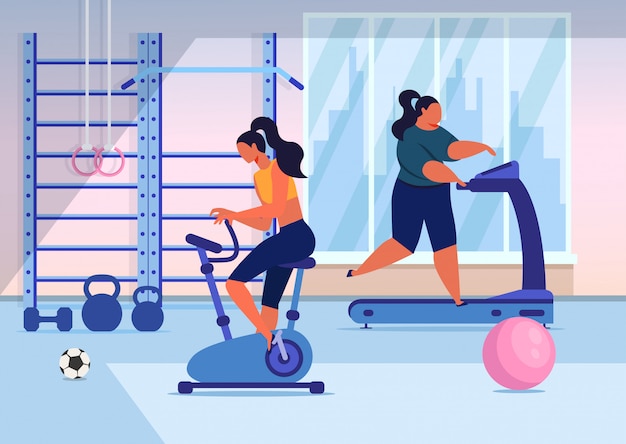 Vector entrenamiento de chicas en gimnasio plano