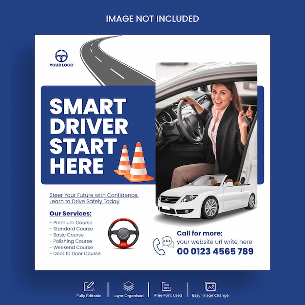 Vector entrenamiento de conducción plantilla de banner de publicación en instagram o facebook con ilustración de automóvil 3d