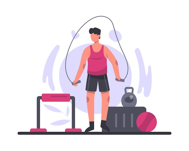 Entrenamiento deportivo de salto de cuerda Entrenamiento masculino activo y fuerte en el gimnasio