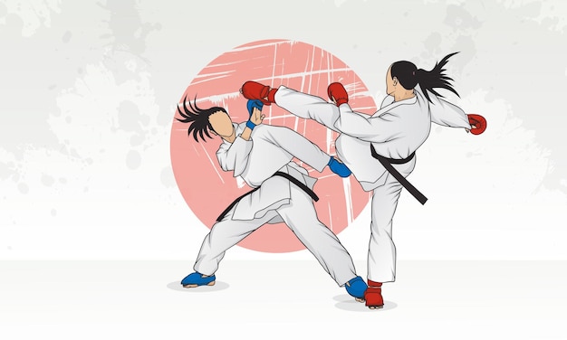 Vector entrenamiento de dos mujeres con cinturones negros en karate