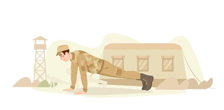 Vector entrenamiento del ejército entrenamiento militar soldado haciendo flexiones flexiones campamento militar base deporte lucha combate
