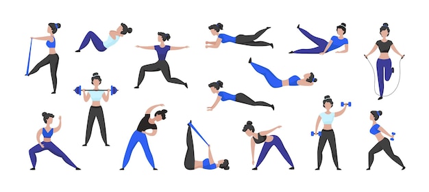Entrenamiento de fitness. Personaje de dibujos animados mujer haciendo ejercicios deportivos y entrenamiento en gimnasio, personaje femenino aislado