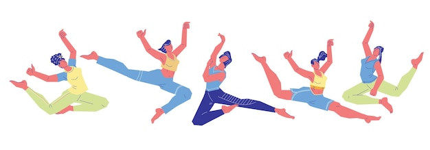 Entrenamiento de gimnasia femenina o entrenamiento aeróbico ilustración vectorial plana aislada en fondo blanco personajes femeninos en poses de gimnasia para temas deportivos y de fitness