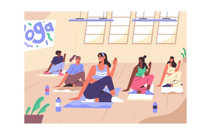Vector entrenamiento grupal de yoga femenino en clase mujeres felices hacen estiramientos sentadas en asanas en el suelo niñas en equipo practican el equilibrio corporal con el entrenador gente deportiva hace ejercicios de fitness ilustración vectorial plana