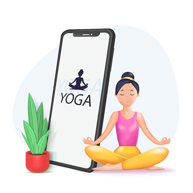 Entrenamiento interactivo de yoga en línea con entrenador personal en la pantalla del teléfono móvil Hombre pequeño entrenando en casa la gente practica ejercicios deportivos de meditación 3d ilustración vectorial