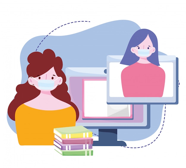 Entrenamiento en línea, personas con máscara, clase virtual con libros, cursos de desarrollo de conocimiento usando internet