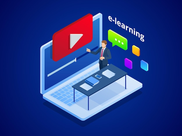 Entrenamiento o tutorial de video en línea isométrica. E-Learning por la formación webinar. Educación en línea en el concepto de blog de video. Ilustración vectorial.
