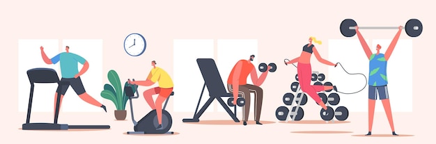 Entrenamiento de personas en el gimnasio. personajes de deportistas y deportistas corren en cinta rodante, andan en bicicleta, hacen ejercicio con barra y mancuernas, saltan con cuerda para saltar, vida deportiva. ilustración vectorial de dibujos animados