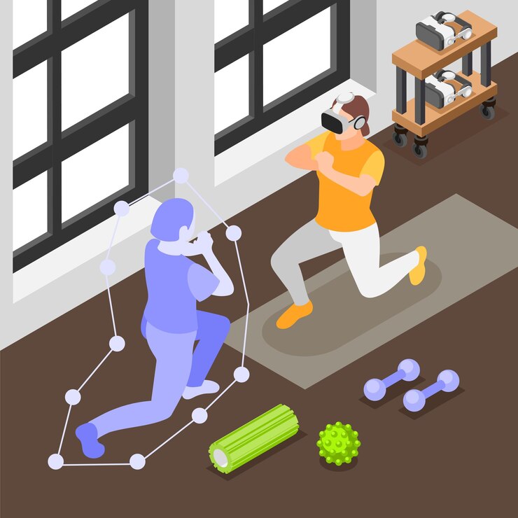Vector entrenamientos deportivos vr concepto isométrico coloreado chica trabajando en el gimnasio usando gafas de realidad virtual ilustración vectorial