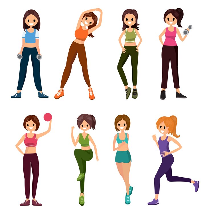 Vector entrenamientos de personas de gimnasio conjunto estilo de dibujos animados lindo