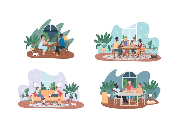 Entretenimiento de fines de semana en casa conjunto de ilustraciones.