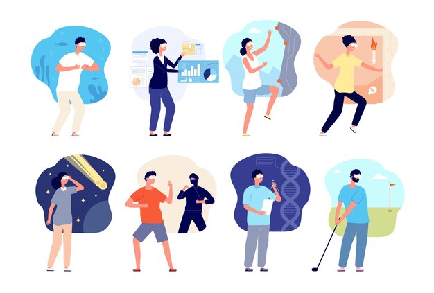 Entretenimiento con gafas de realidad virtual. Equipo de juego, gente con auriculares divertidos y divertidos. Realidad aumentada, conjunto de vectores de juegos digitales de adolescente aislado. Ilustración de tecnología de ciberespacio de entretenimiento ilustración