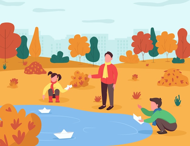 Entretenimiento de otoño para niños ilustración semi plana