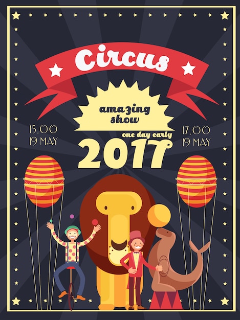 Entretenimiento retro de circo, carnaval y fiesta muestran un diseño de cartel e invitación de vectores