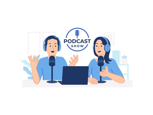 Entrevista de hombre y mujer grabando podcast de audio usando auriculares, micrófono y computadora portátil en estudio