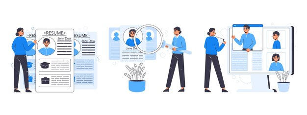 Entrevista de trabajo de reclutamiento de la agencia de headhunting y conjunto de ilustración de vector plano de proceso de contratación