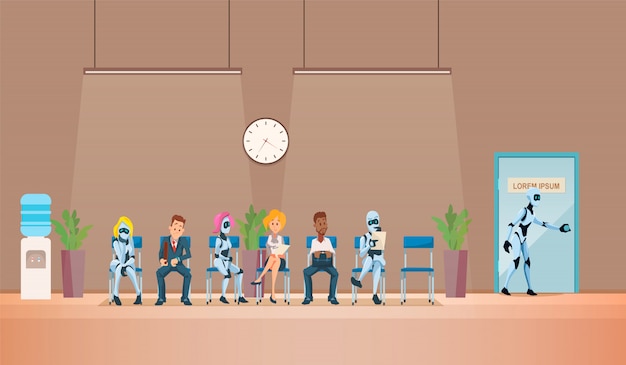 Entrevista de trabajo de reclutamiento y robots. Vector.