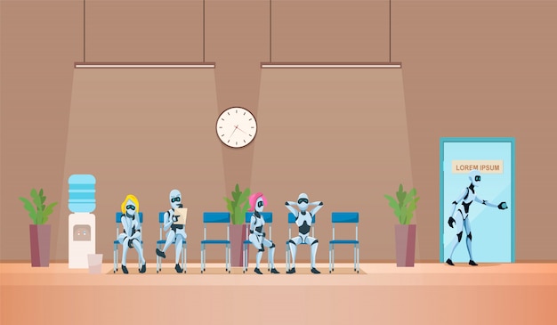 Entrevista de trabajo de reclutamiento y robots. Vector.
