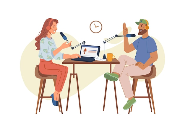 Entrevista de transmisión en línea en micrófono en la estación de radio