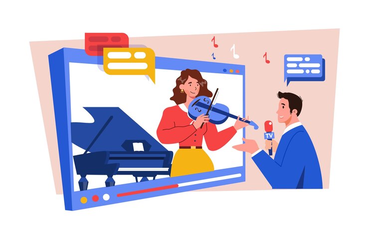 Vector entrevista en video con el músico concepto de ilustración sobre fondo blanco