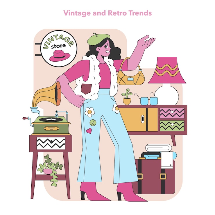 Vector un entusiasta de la moda retro chic en un traje vintage admira un tocadiscos clásico que evoca
